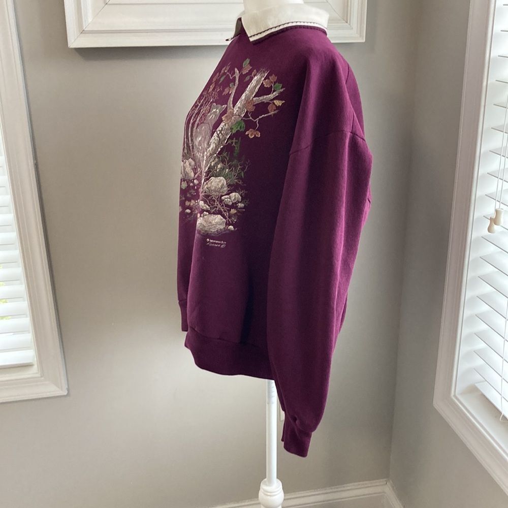 Vintage 90s 80s Morning Sun Purple Racoon Forest Collared Sweatshirt Large - Picture 6 of 12